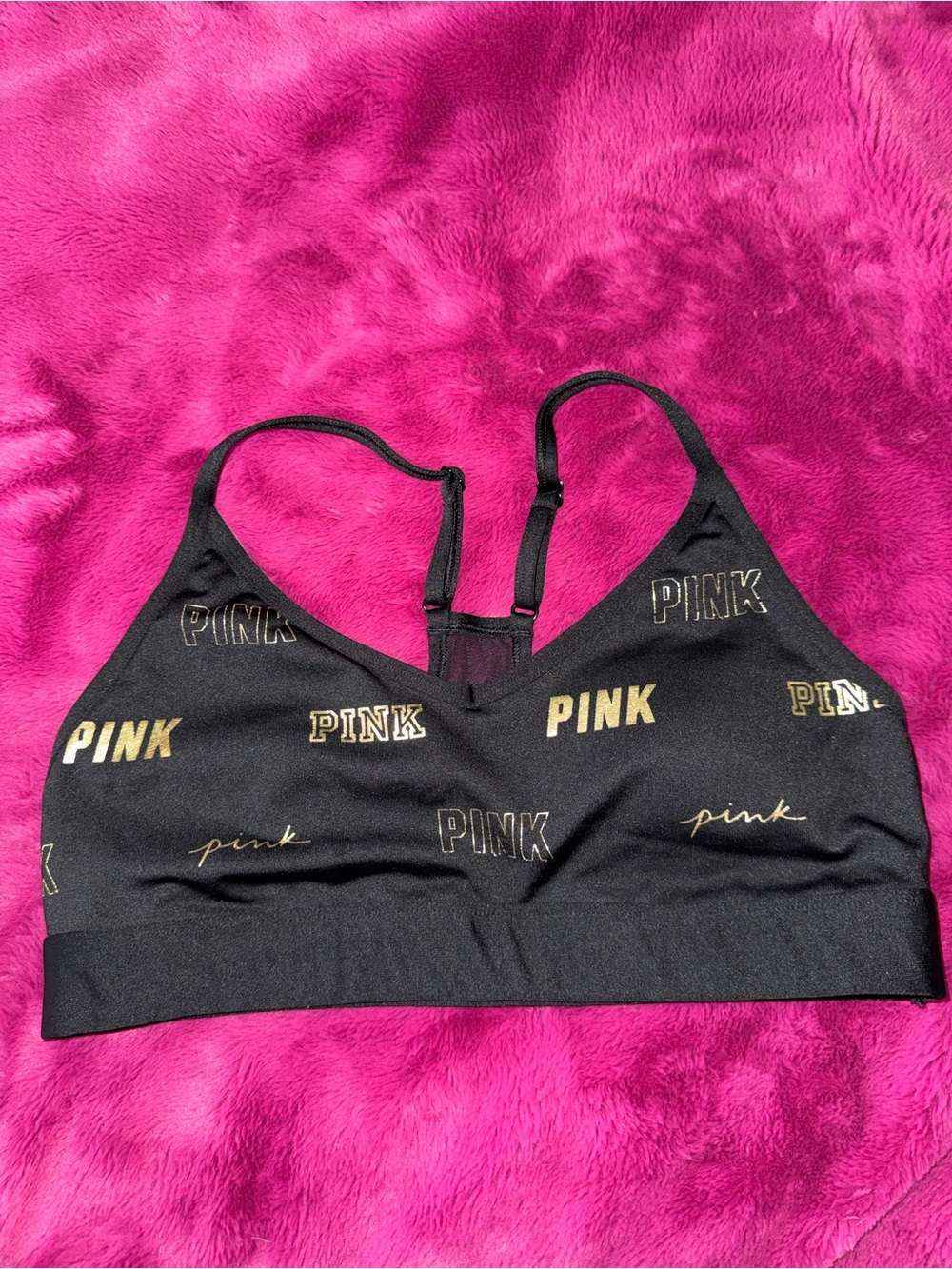 PINK Victoria's Secret Black Sports Bralette with Gold Logo Print